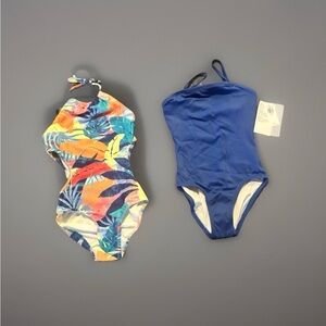 Girls Lot of 2 Old Navy Swimsuits Sz 5 — Bright Blue + Tropical Print NWT